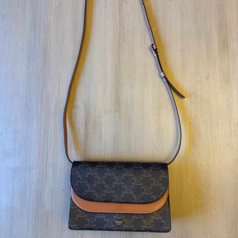 Authentic CELINE WALLET ON STRAP IN TRIOMPHE CANVAS SMOOTH LAMBSKIN with box